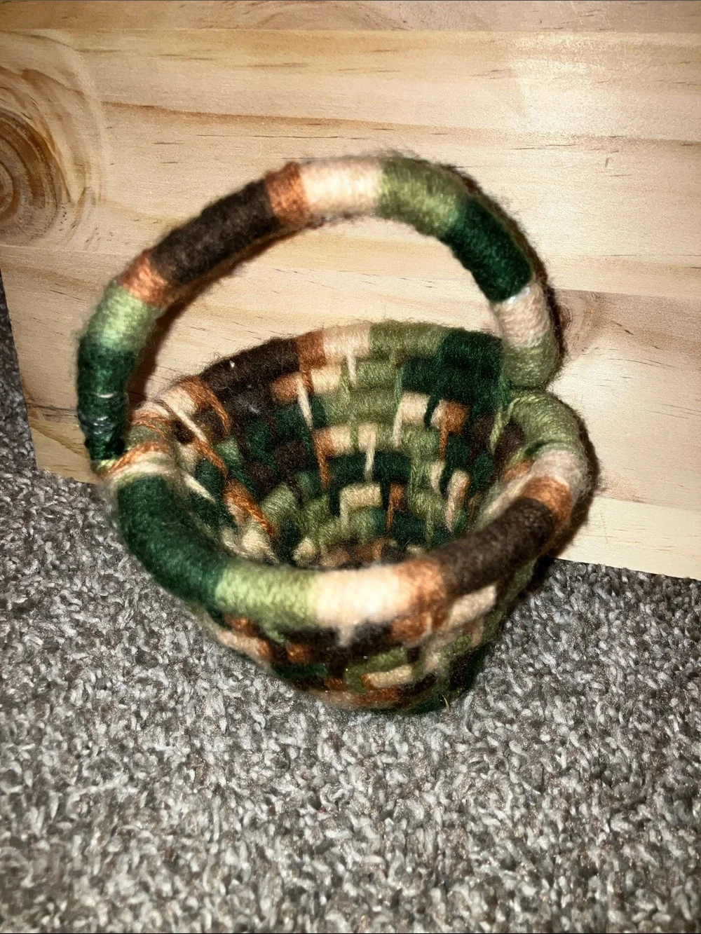 Hand Crafted Green, Brown & Cream Woven Yarn Accent Basket with Handle
